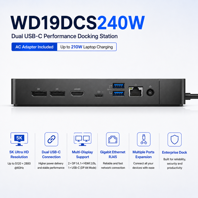 For Dell WD19DCS 240W Dual USB-C Type C Hub Docking Station with for 2.0 RJ45 USB 3.0 Ports for Precision Laptop Data Transfer