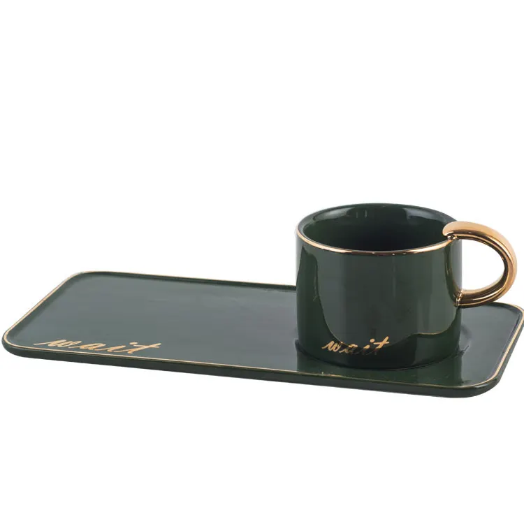 Plato rectangular de porcelana, té, taza de coco, tazón de cerámica de café de diseño dorado bonito