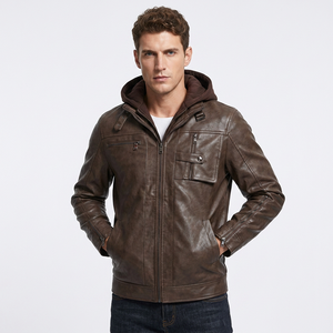 Mens Real Brown Leather Hooded <b>Jacket</b> Distressed Zip Flap Pockets <b>Sheepskin</b> Dark Biker Coat Custom Vintage Winter Outerwear - Product Image 1