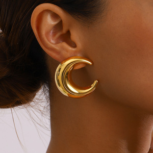 Yueli <b>Moon</b> Huggie <b>Earrings</b> 18K Gold Plated Stainless Steel Geometric Design Gift Jewelry - Product Image 4