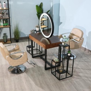 Miroir à LED pour salon de beauté personnalisé et de coiffure Station de maquillage Miroir double rond doré avec table - Product Image 3