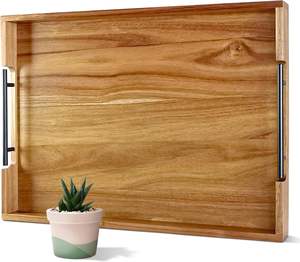 Bandeja Otomana de Madera de Acacia de 22x15.8 Pulgadas, Bandeja Rectangular Grande de Madera para Servir con Asas Metálicas para Servir Comida y <span class=keywords><strong>Desayuno</strong></span> - Product Image 1