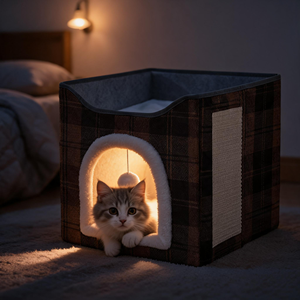 Maisonnette pour chat pliable de luxe en plaid, avec griffoir en sisal, lit douillet en peluche à 2 niveaux, condo pour chat d'intérieur - Product Image 5