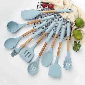 Silicone Kitchen Utensil Set Non Stick Cooking Tools Heat Resistant Non Slip Wooden Handle Spatula Ladle Spoon Brush 9 Pieces - Product Image 1