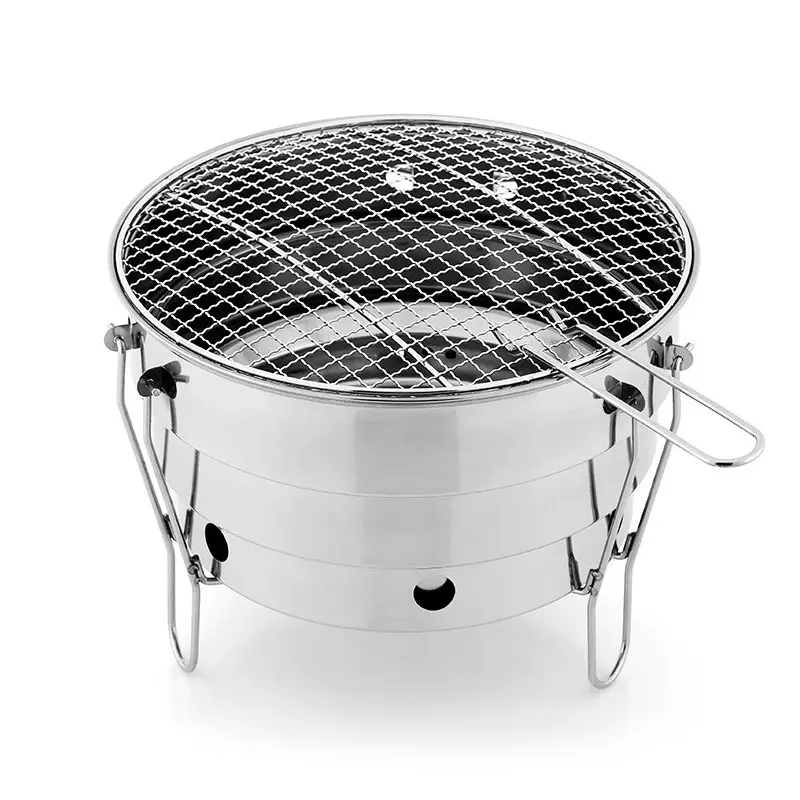 Portátil carvão Grill BBQ fogão aço inoxidável redondo dobrável Tabletop Camping
