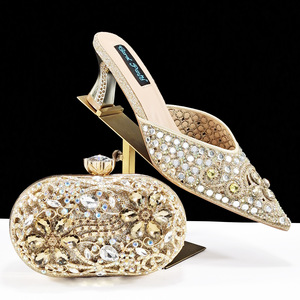 Explosive full diamond pointed toe <b>block</b> heel slippers and goose egg-<b>shaped</b> dinner bag combination set is in stock for one piece - Product Image 1