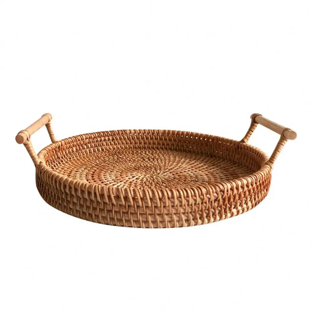 SHQS1069 Large Rattan Storage Tray Vietnamese Woven Bread Basket Vegetables Fruit Basket Handle Round Tray Wicker Storage Drop