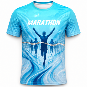 Kaos Lari Marathon Custom Biru Perak dengan Pita Finish, Cetak Digital, Cepat Kering, Bernapas, Kaos Olahraga Swoosh untuk Pria - Product Image 1