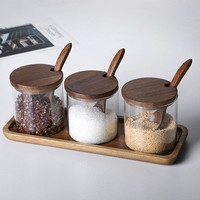 Ensemble de pots à épices en bois avec couvercles de cuillère et plateau-Récipients d'herbes et d'assaisonnement pour le sel, le sucre, les épices et le poivre