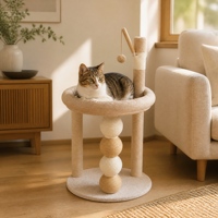 FANCIE Arbre à chat moderne en bois avec tissu bouclé, griffoir en sisal, bol et nid, lit pour chat toutes saisons, design compact multi-niveaux