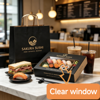 Boîte cadeau de luxe en carton rigide noir mat avec fenêtre, personnalisable avec logo, en papier d'art, pour emballage de sushis à emporter, recyclable