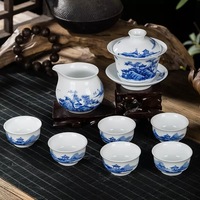 Jingdezhen Traditionelles Chinesisches Handbemaltes Blau-Weißes Porzellan Kung-Fu-Tee-Set Landschaftsmuster Hochwertiger Weißer Ton