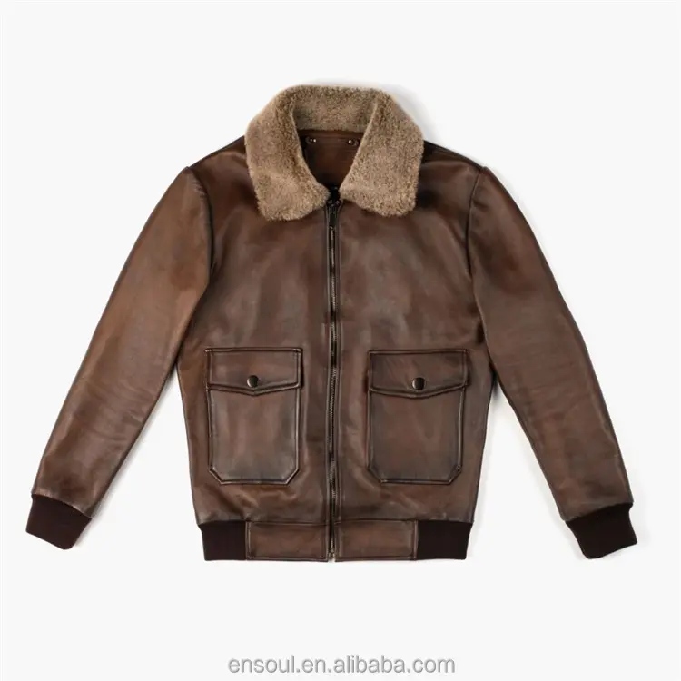 Fabrika toptan özel Logo erkek fermuarlı uçuş deri Pilot ceket Shearling yaka ile