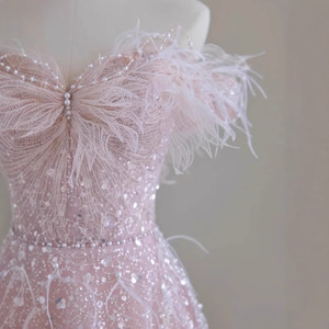 Pink Off The Shoulder Feather Evening Gown Empire Waist A Line Organza Dress For Bridal Engagement Party - Product Image 4