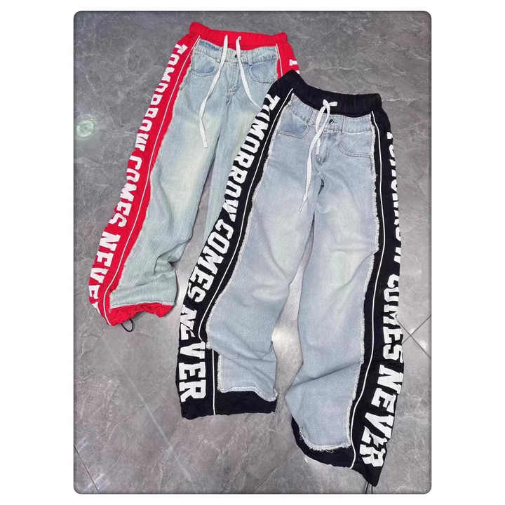 Spring New European Style Red Patchwork Letter Print High Waist Elastic Denim Jeans for Women Drawstring Long Pants-Trendy P0273