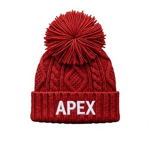 Bonnet en tricot rouge pour homme avec pompon, bonnet d'hiver à revers, unisexe, streetwear, bonnet ajusté, logo personnalisé, accessoire de mode en gros - Product Image 1