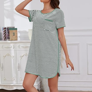 Camisón de algodón 100% a rayas para mujer, de manga corta, corte holgado, cuello redondo, con bolsillo, camiseta de dormir informal con dobladillo dividido - Product Image 2