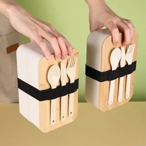Japanese Wheat PP Bamboo Wood Cover Double Layer Student Portable Lunch Box Outdoor Travel Bento Partition Lunch Box