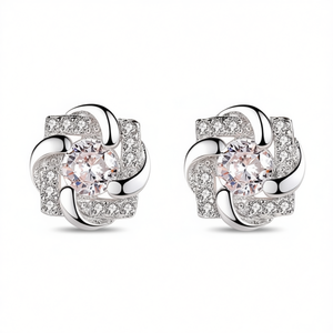 Orecchini a lobo E830 in oro bianco con diamanti, taglio brillante rotondo, design floreale, montatura a griffe, gioielli di lusso da donna - Product Image 1