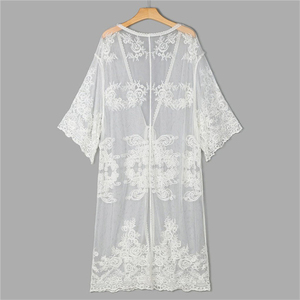 2020 Women Floral Mesh Lace Loose Fit Embroidery <strong>Kimonos</strong> Plus Size Flare Sleeve <strong>White</strong> Cardigan Cover up Lace <strong>Kimonos</strong> - Product Image 6
