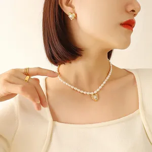 Stainless Steel Fashion Jewelry Women Elegant pearl heart Necklace Earring Set Gold Plated Stainless Steel Jewelry Set