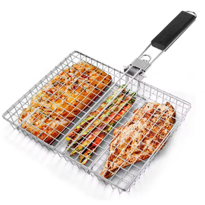 Cestello per Grigliare Carne e Verdure con Manico Pieghevole, Griglia in Rete Metallica per <span class=keywords><strong>Barbecue</strong></span>, Utensili BBQ in Acciaio Inox per Esterni - Product Image 1