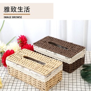 Caja de pañuelos personalizada para escritorio, caja de almacenamiento de pañuelos de mimbre estilo hogar, cesta de almacenamiento simple con tapa. - Product Image 2