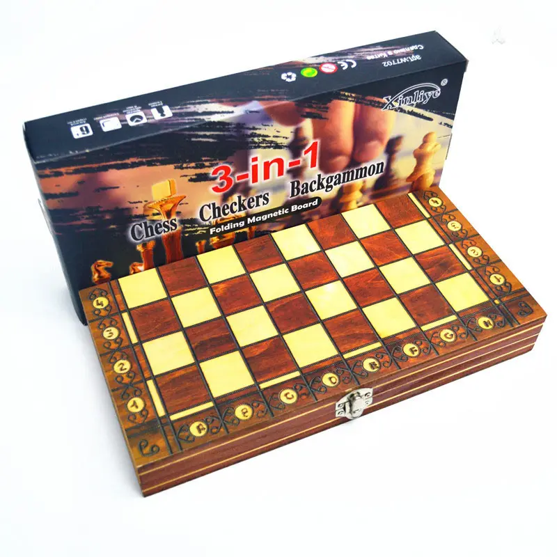 Jeu d'échecs magnétique 3 en 1, fabriqué à la main en bois, pliable, espace de rangement interne, jeu d'échecs, vente en gros