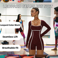 Combinaison de sport une pièce pour femme, à manches longues, effet push-up fessier, respirante, sans couture, en Spandex/Nylon, motif léopard color block, pour la gym, l'entraînement et le yoga