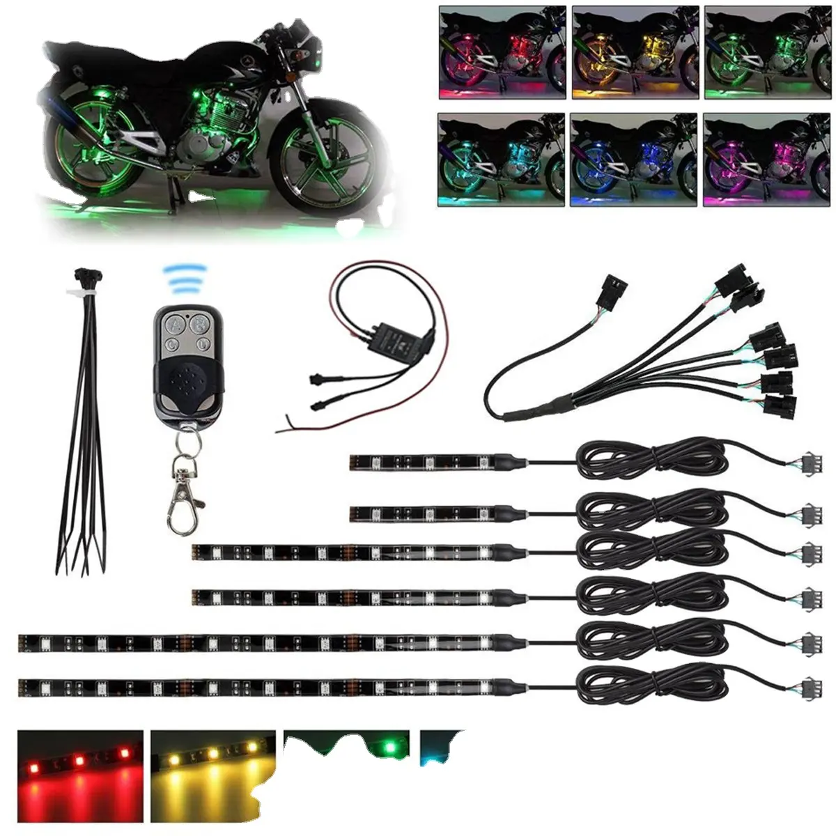ชุดแถบไฟ LED รถจักรยานยนต์,แถบไฟ LED หลากสี RGB สำหรับตกแต่งรถจักรยานยนต์พร้อมรีโมทควบคุมจำนวน6ชิ้น
