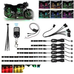 6PCS发光二极管套装摩托车发光二极管条套件RGB多色发光二极管灯条，用于摩托车装饰，带遥控器