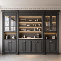 Mueble de TV de Pared Completo Estilo Americano Personalizado, Librería Negra, Centro de Entretenimiento Integrado, Puertas de Madera Contrachapada, Luz LED de Alto Brillo