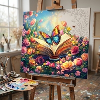 Kit de Peinture par Numéros DIY 36 Couleurs, Motif Papillon sur Livre et Fleurs, Peinture Acrylique Faite Main, Art Mural Créatif