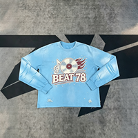 T-shirt graphique BEAT 78 à manches longues bleu délavé style vintage et usé, coupe ample, streetwear, pour homme et unisexe, vente en gros