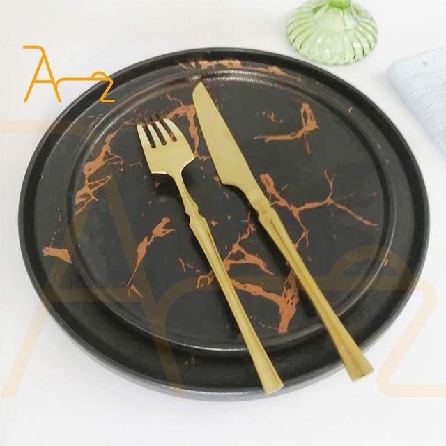 New Design Marble Vein Round Dinner Tray Porcelain Charger Plate Kitchen Black Ceramic Pizza Plates for Restaurant
