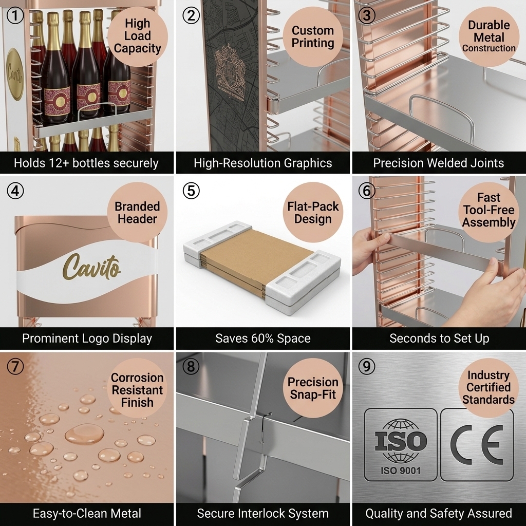 Custom Metal Liquor Display Stand Rose Gold Wine Rack LOGO Champagne Merchandiser Luxury Boutique Hotel Lounge FSDU Floor Shelf — view 5