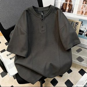 T-shirt surdimensionné pour homme, manches 7/8, col rond, coton, fibre de bambou, tricoté, décontracté, streetwear - Product Image 1