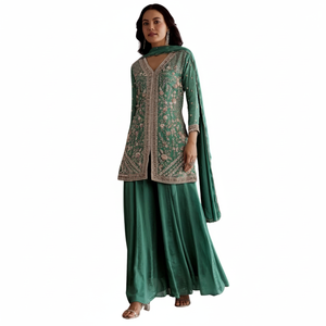 Vente en gros costume de palazzo kurta brodé chinon vert cutdana pour la fête de mariage réception festive et commandes ethniques personnalisées - Product Image 1