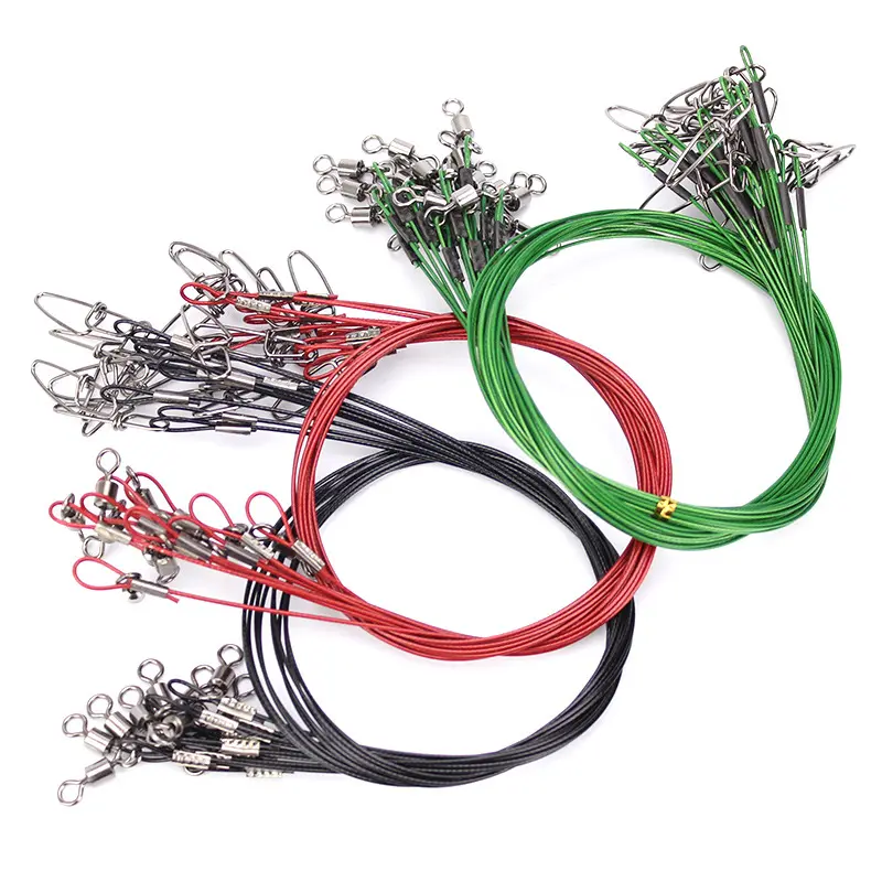 50cm 150lbs Black/Red/Green Sea Fishing Wire Leaders,Steel High Strength Fishing Line Leaders with Swivels and Snaps