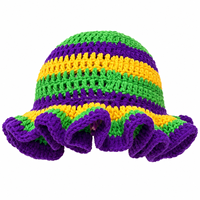 Chapeau Bob en Crochet pour Femme, Rayures Violettes, Vertes et Dorées, Bord Volanté, Idéal pour le Mardi Gras, les Festivals et les Costumes de Fête