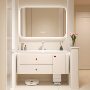 Meuble de salle de bain en bois massif style crème, lavabo intégré en céramique - Product Image 1