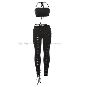 Women's Solid Color Halter Neck <b>Tie</b>-Front Top & Lace-Up Sexy Pants 2-Piece <b>Set</b> Fashion - Product Image 5