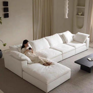 Divano a <span class=keywords><strong>L</strong></span> Cloud Set in Cotone Lino e Ciniglia, Bianco Crema, Stile Shabby Chic, Rivestimento Rimovibile e Lavabile, Imbottito, per Villa, Appartamento, Hotel - Product Image 6