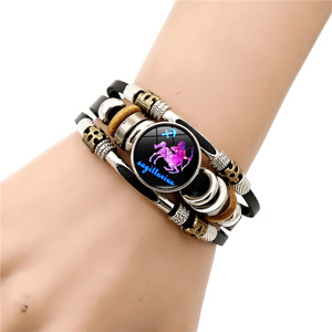 Pulsera del horóscopo de cuero PU con signo del zodiaco que brilla en la oscuridad, Aries, Tauro, Géminis, Leo, Virgo, Libra, Escorpio, Sagitario - Product Image 1