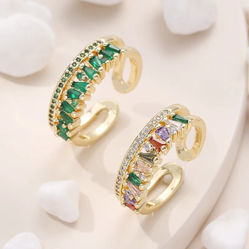 Luxury Jewelry 18k Gold Plated Emerald Cz Zircon Finger Ring Rectangle Rhinestone Diamond Adjustable Ring