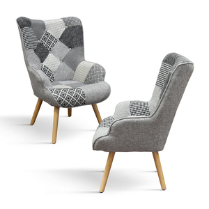 Fauteuil Ludovica gris, noir et blanc, tissu patchwork, pieds en bois, pour salon intérieur - Product Image 2