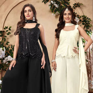 ชุดสูทปาลาซโซสไตล์อินโด-เวสเทิร์นผ้าซาตินสำหรับผู้หญิง ดีไซน์หรูหรา พร้อมเสื้อปักลายและผ้าคลุมไหล่ สำหรับงานปาร์ตี้ฤดูร้อน - Product Image 1