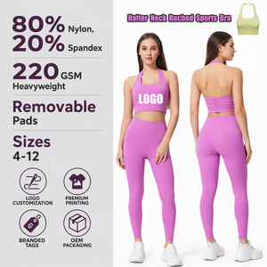 Custom Logo Halter Neck Yoga <strong>Bra</strong> Removable Pads High Stretch Workout <strong>Bandeau</strong> Athletic Top Ruched Back <strong>Sports</strong> <strong>Bra</strong> for Gym Fitness - Product Image 1