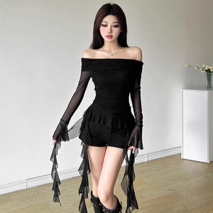 T-shirt da donna 2025 a manica lunga monospalla con cuciture a balze, stile dolce e piccante, vestibilità slim, modello Hot Girl - Product Image 3