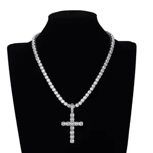 Fashion Hip Hop Iced Out Silver Crystal Rhinestone Big Cross Tennis Pendant Choker Necklace Collar Jewelry For Men Women